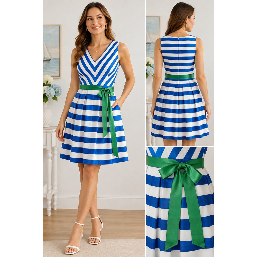 Kim Rogers Size 6 Blue White Striped Dress Green Sash NWT Nautical Preppy Small